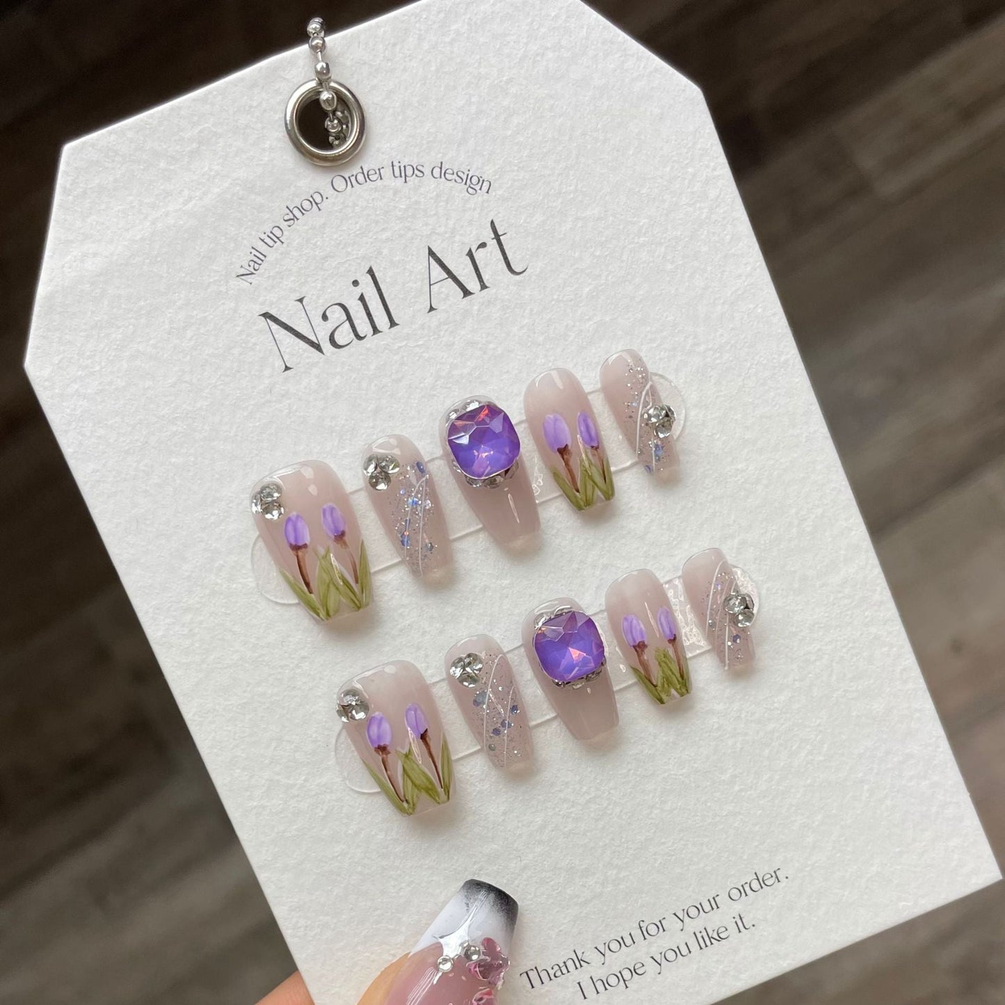 872 presse de style tulipe sur les ongles 100% faux ongles faits à la main violet