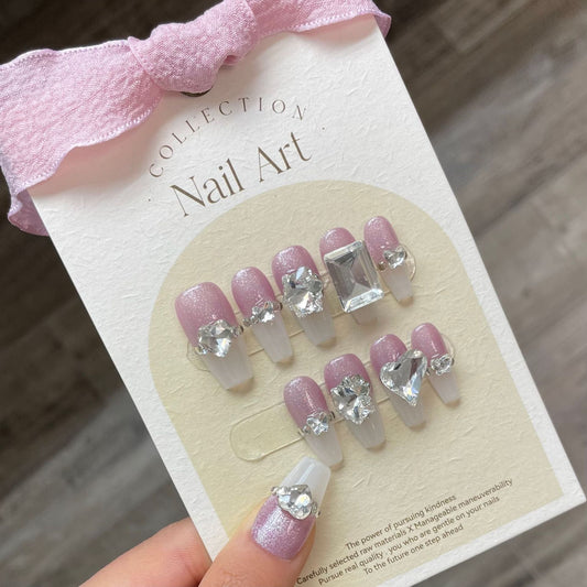 783 presse de style strass français sur les ongles 100% faux ongles faits à la main rose blanc