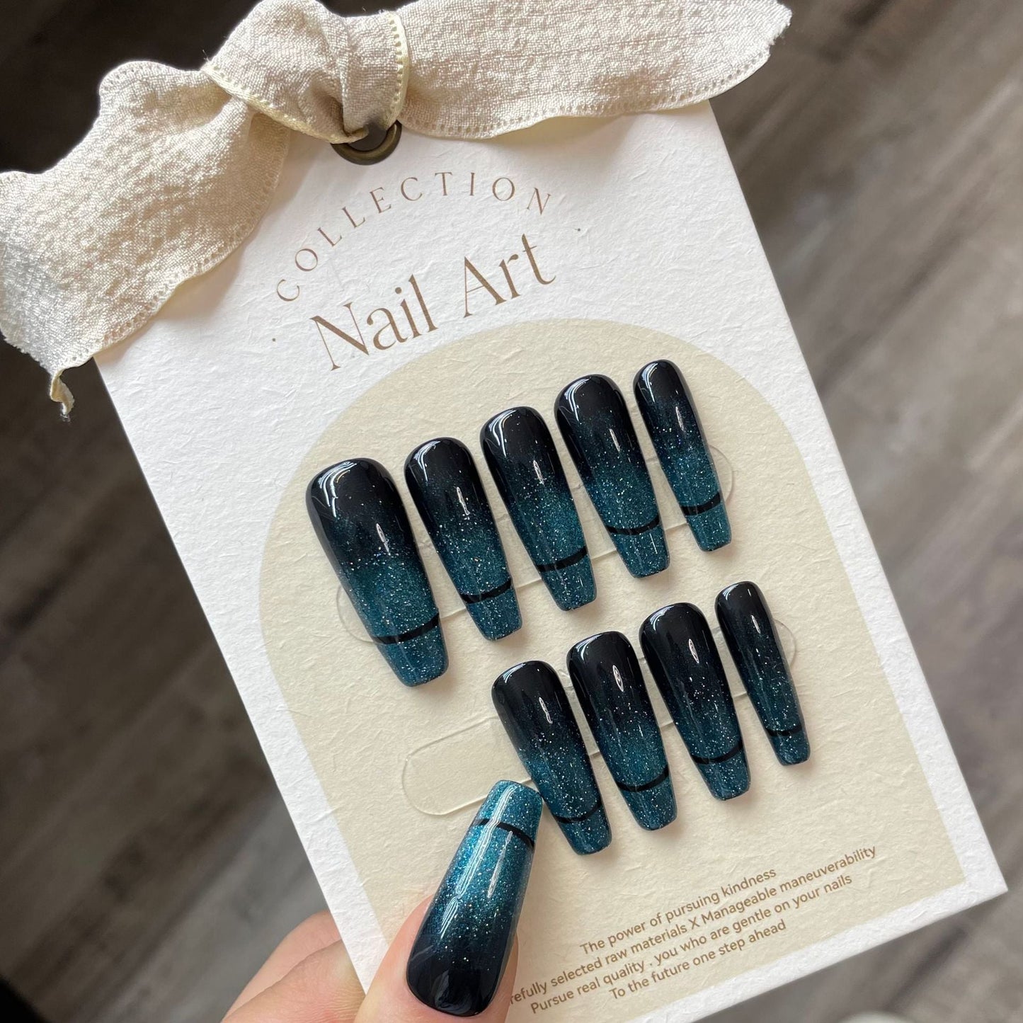 779 Cateye Effect style press on nails 100% handmade false nails black green
