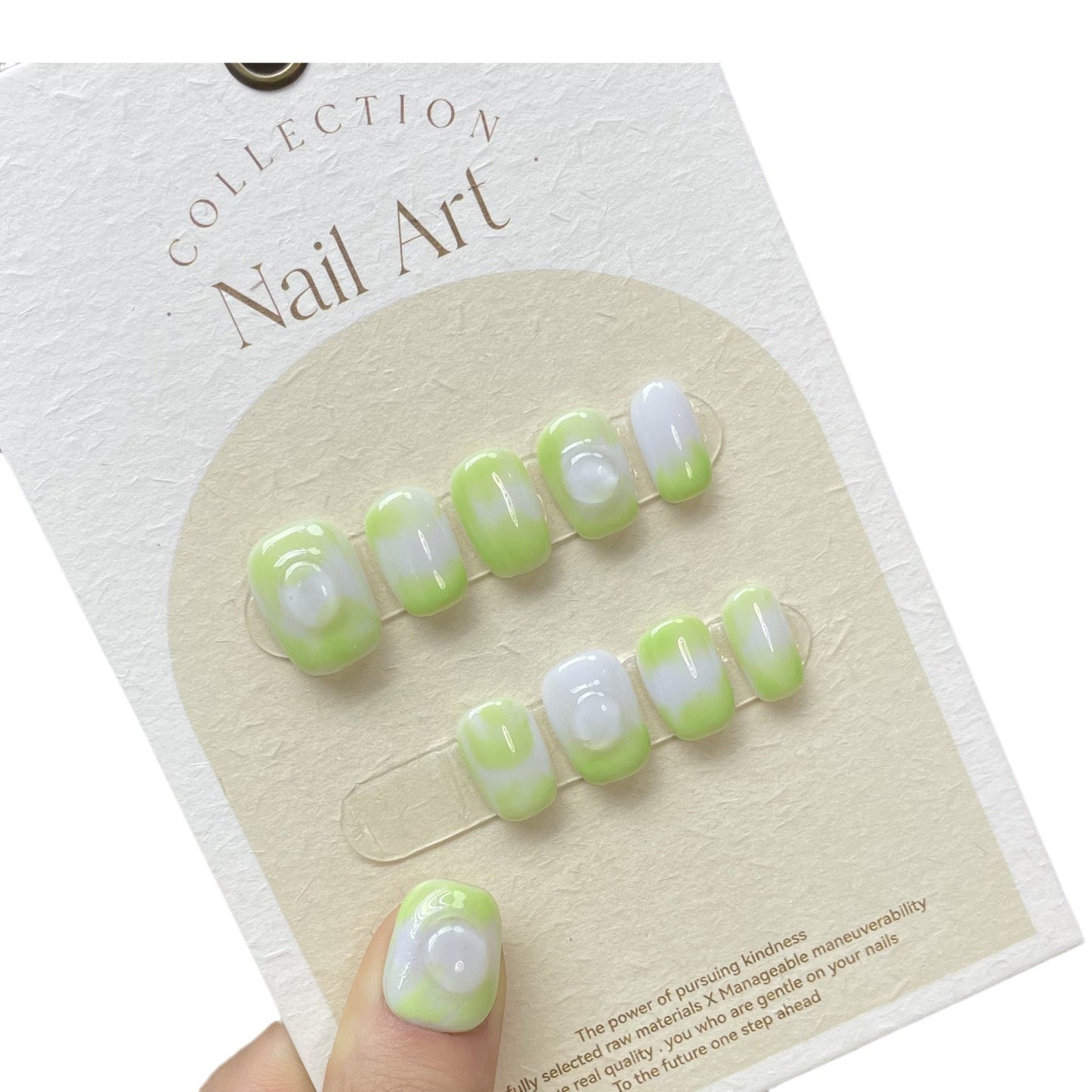 864 presse de style vert sur les ongles 100% faux ongles faits à la main blanc vert