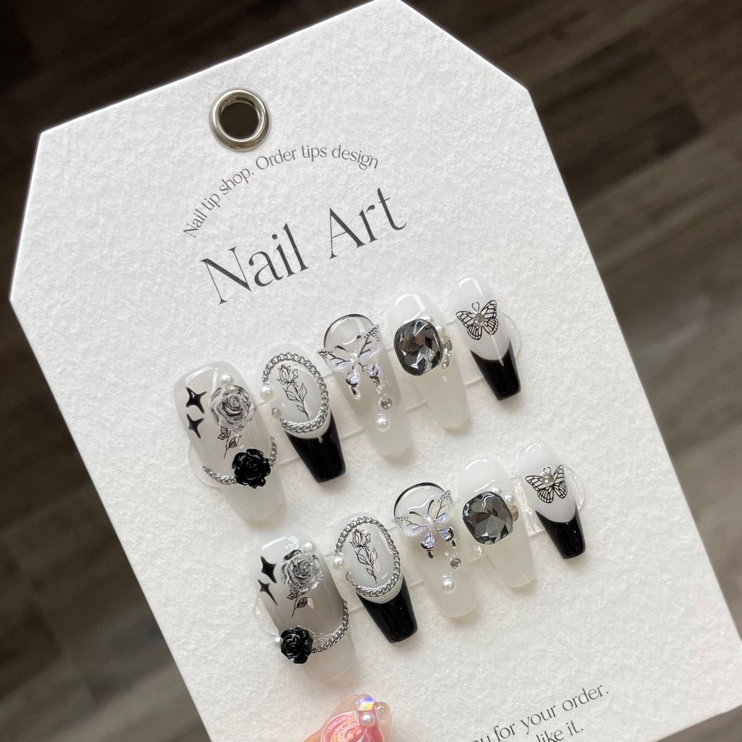 891 Butterfly flower style press on nails 100% handmade false nails white black