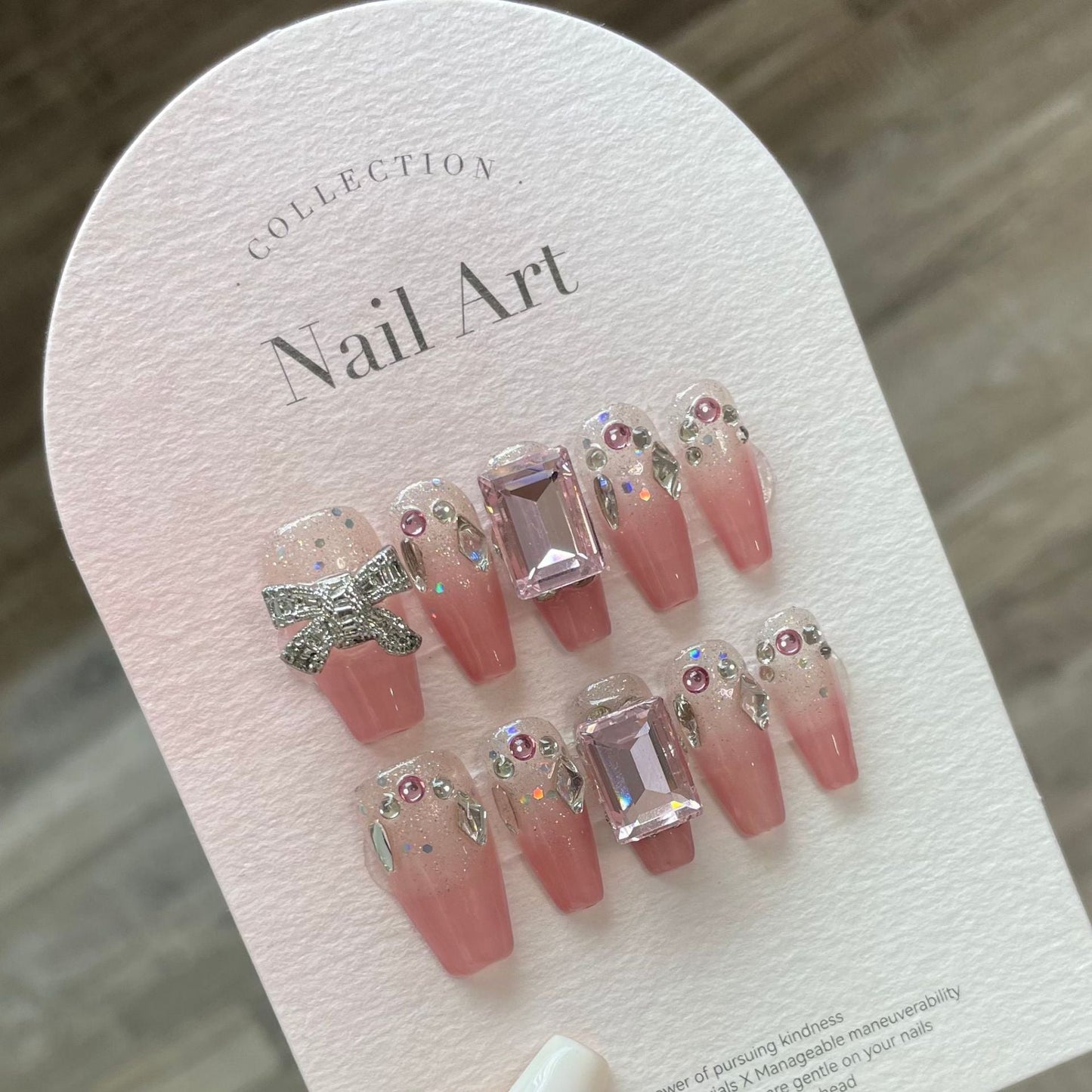 777 Rhinestone style press on nails 100% handmade false nails nude color pink