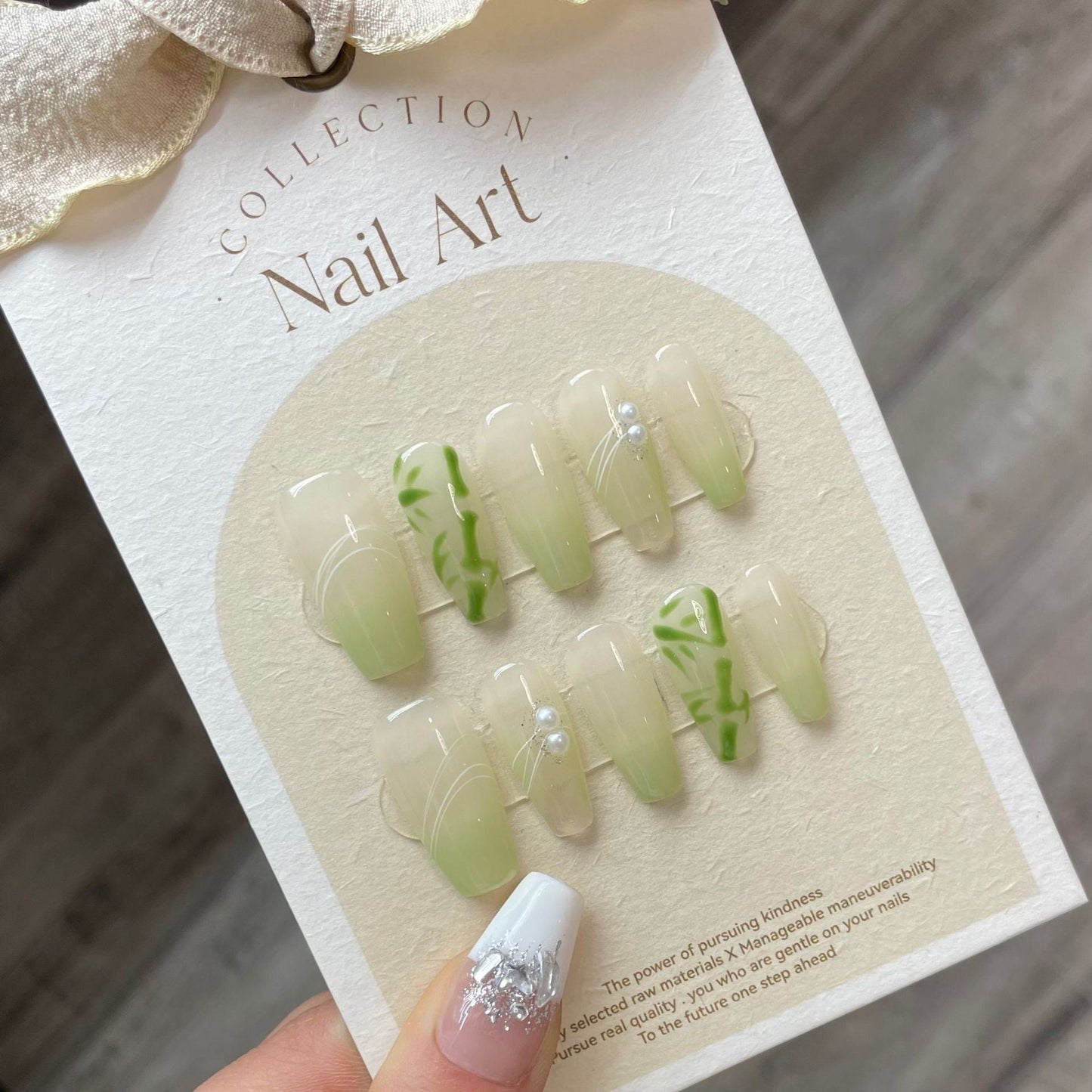 776 bamboo style press on nails 100% handmade false nails green