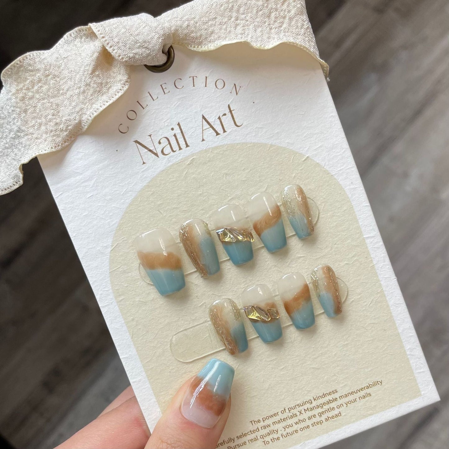 775 Halo staining style press on nails 100% handmade false nails white blue
