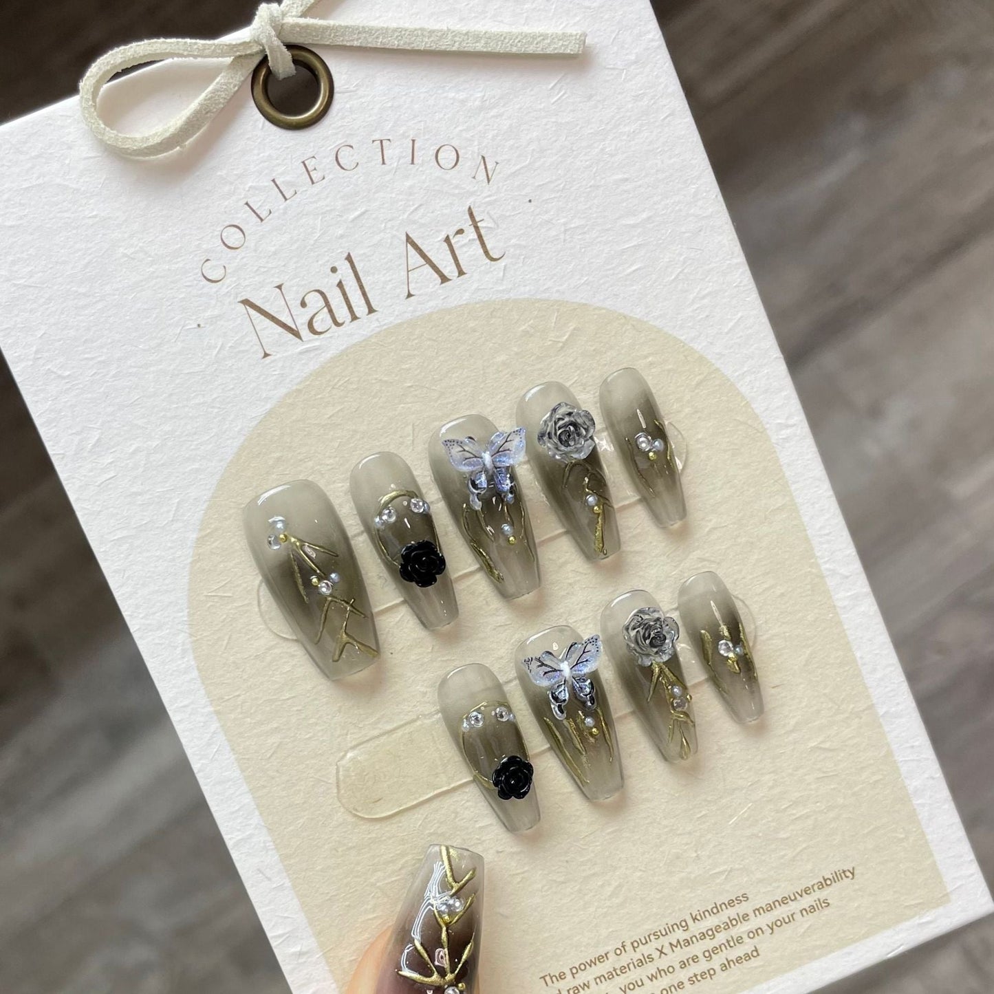 853 Butterfly flower style press on nails 100% handmade false nails gray