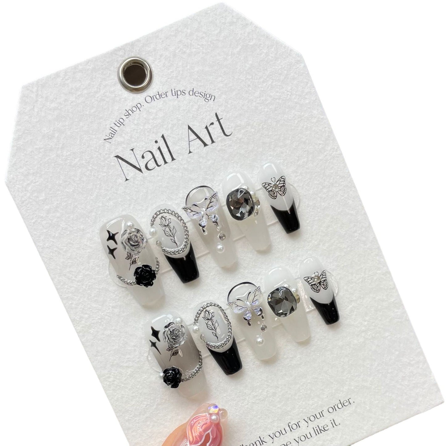 891 Butterfly flower style press on nails 100% handmade false nails white black