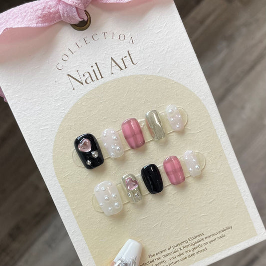 773 Zwart en roze stijl pers op nagels 100% handgemaakte kunstnagels wit zwart roze