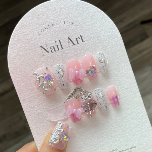 771 style chaîne presse sur ongles 100% faux ongles faits à la main rose blanc