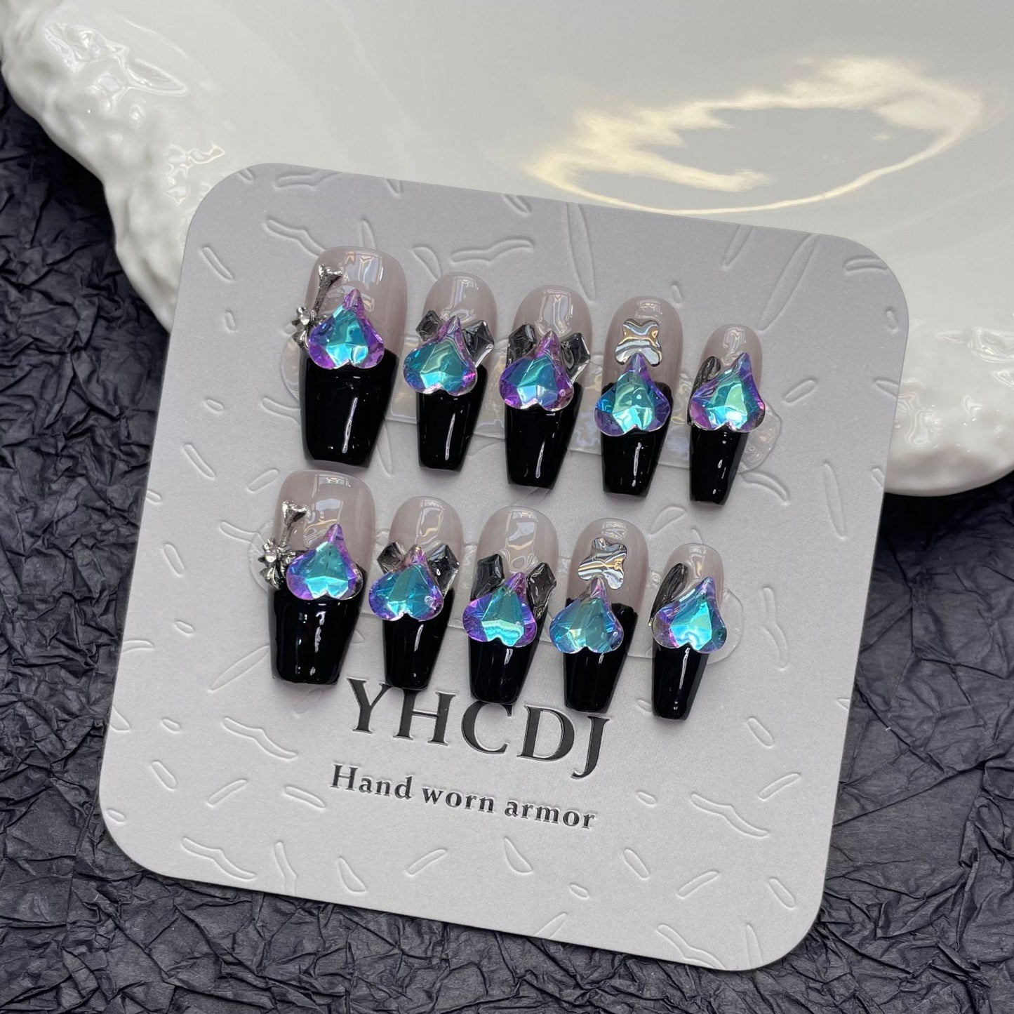 901 Night Aurora Elf style press on nails 100% handmade false nails black nude color