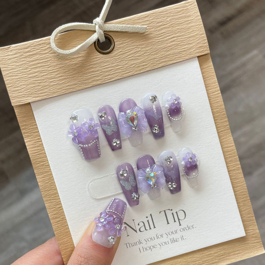 763 paarse bloemen stijl pers op nagels 100% handgemaakte kunstnagels paars
