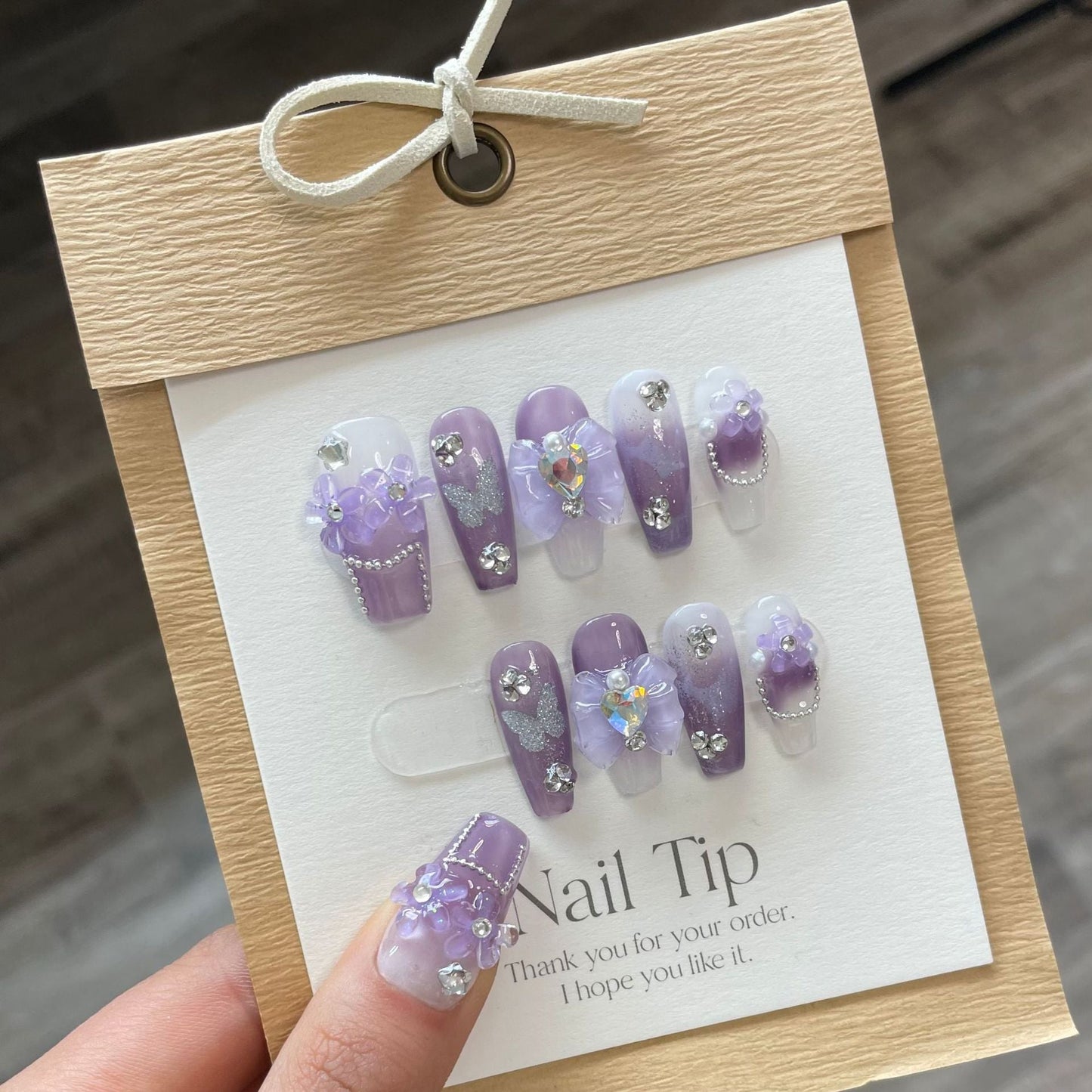 763 paarse bloemen stijl pers op nagels 100% handgemaakte kunstnagels paars