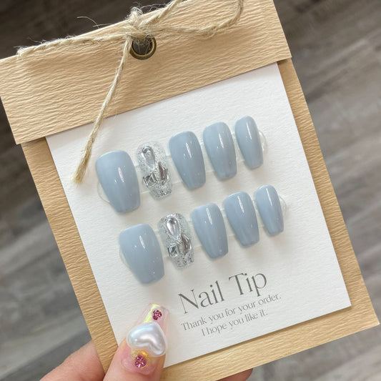 760 light blue style press on nails 100% handmade false nails blue