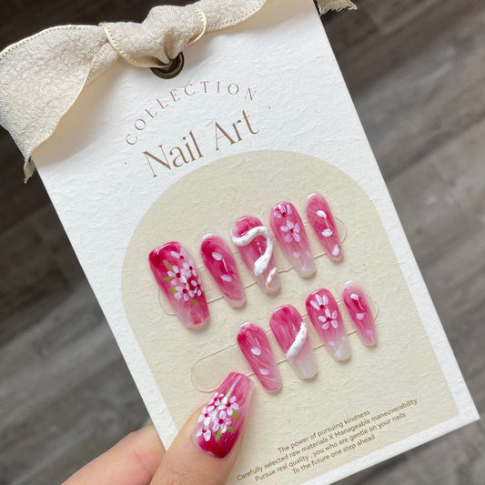 822 Presse de style fleur de serpent sur les ongles 100% faux ongles faits à la main rose