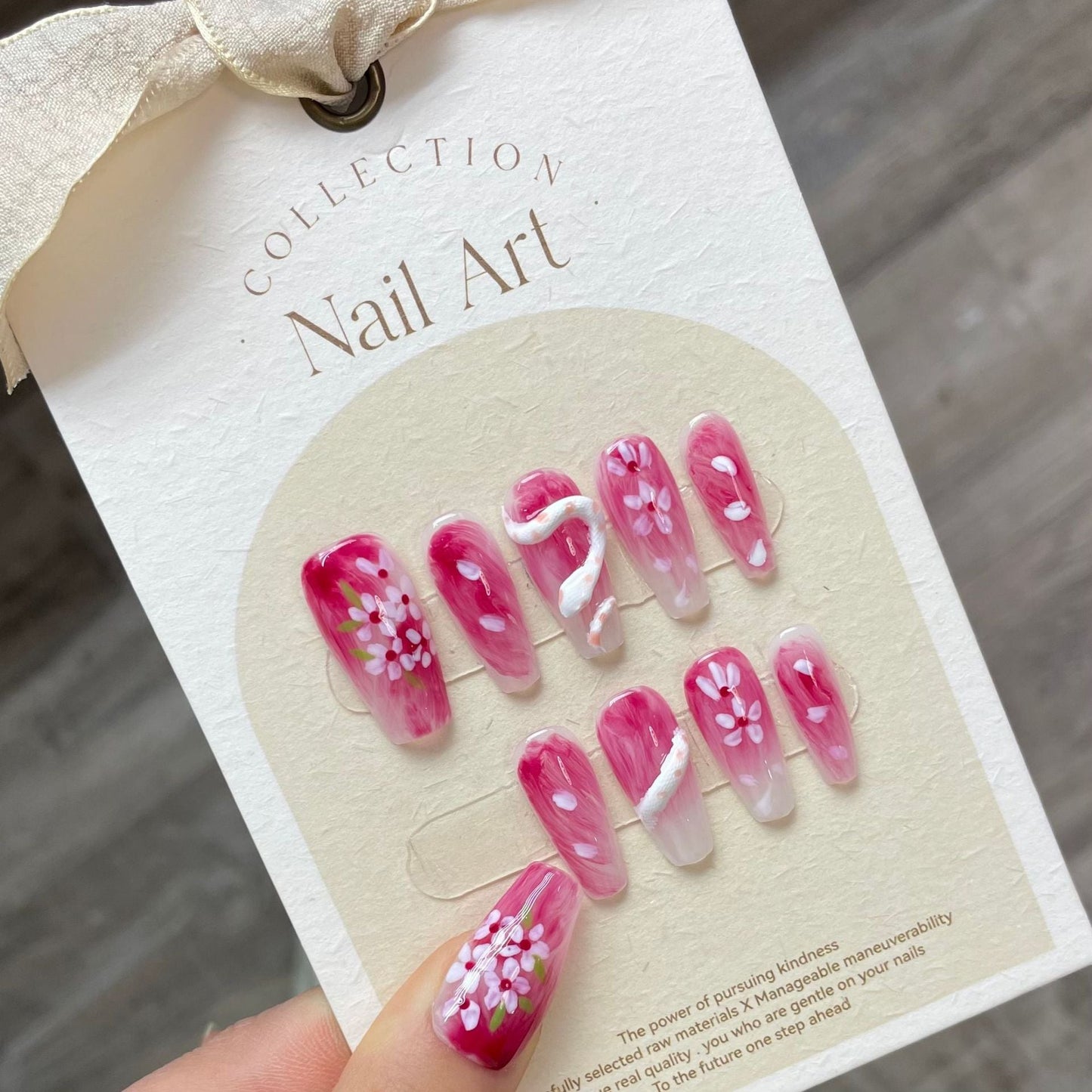 822 Snake flower style press on nails 100% handmade false nails pink