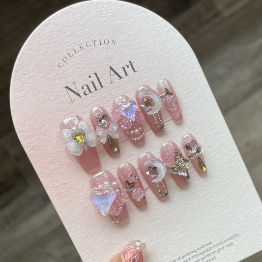 899 sprookjesachtige pers op nagels 100% handgemaakte kunstnagels roze