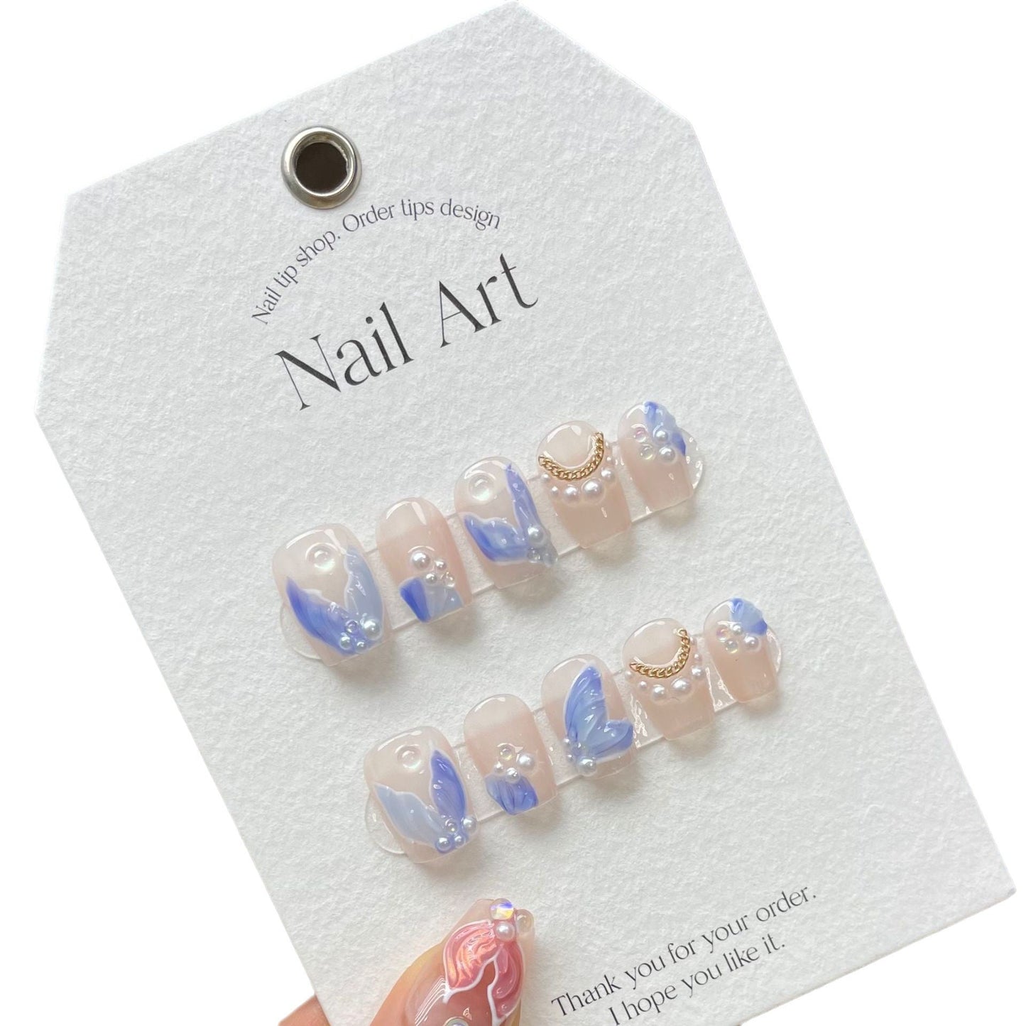 888 Blue fish tail style press on nails 100% handmade false nails nude color blue