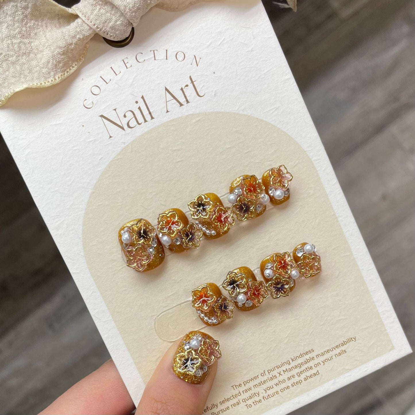 821 Golden Flower style press on nails 100% handmade false nails golden