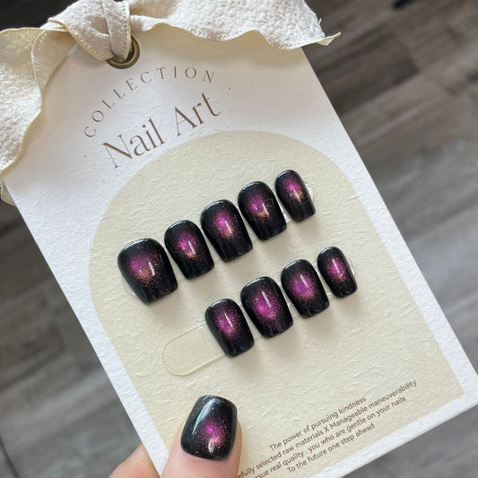 743 Chasing Cat's Eye stijl press-on nagels 100% handgemaakte kunstnagels zwart roze