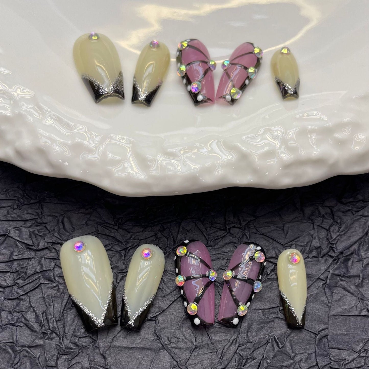 865 Black Butterfly style press on nails 100% handmade false nails white pink