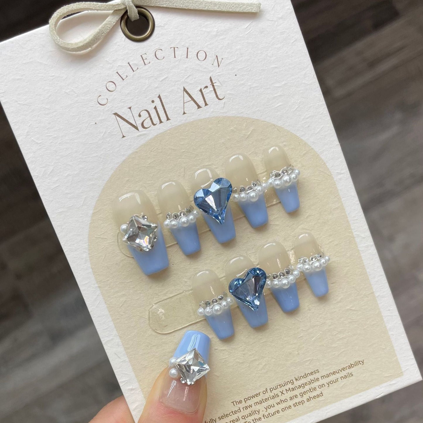 874 Pearl Franse stijl pers op nagels 100% handgemaakte kunstnagels blauw