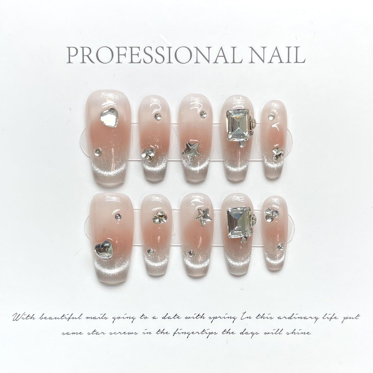 96/157/1040 French CatEye  Effect Rhinestone press on nails 100% handmade false nails pink sliver