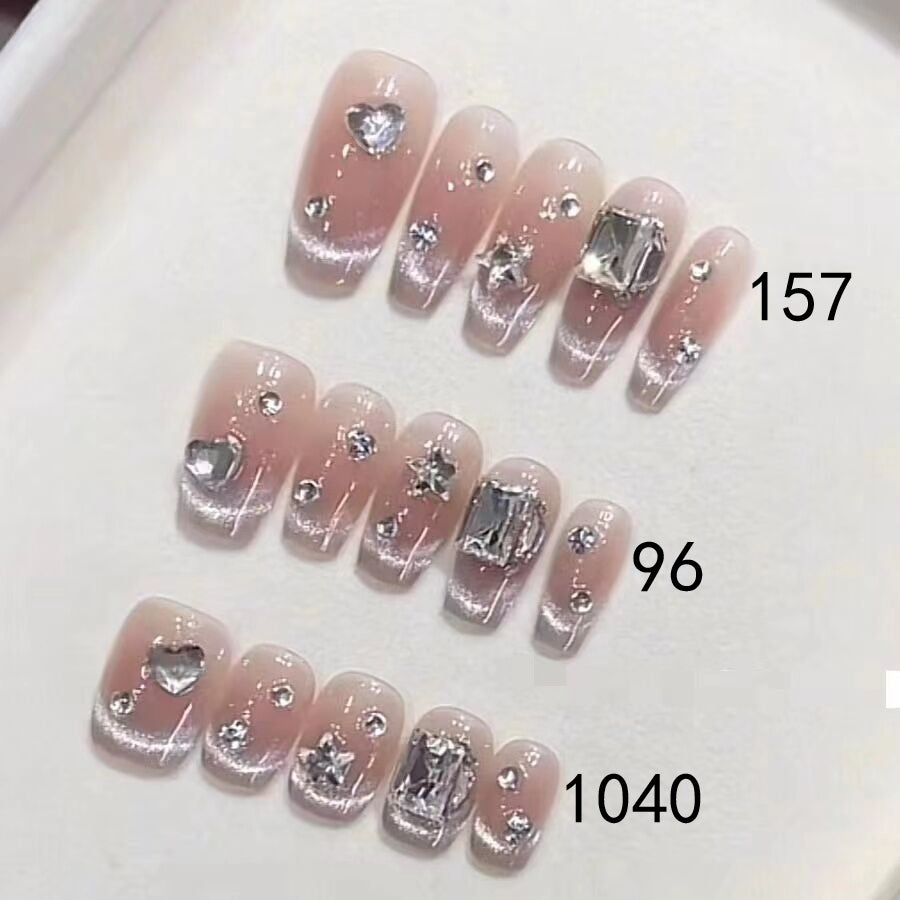 96/157/1040 Franse CatEye Effect Strass pers op nagels 100% handgemaakte kunstnagels roze sliver