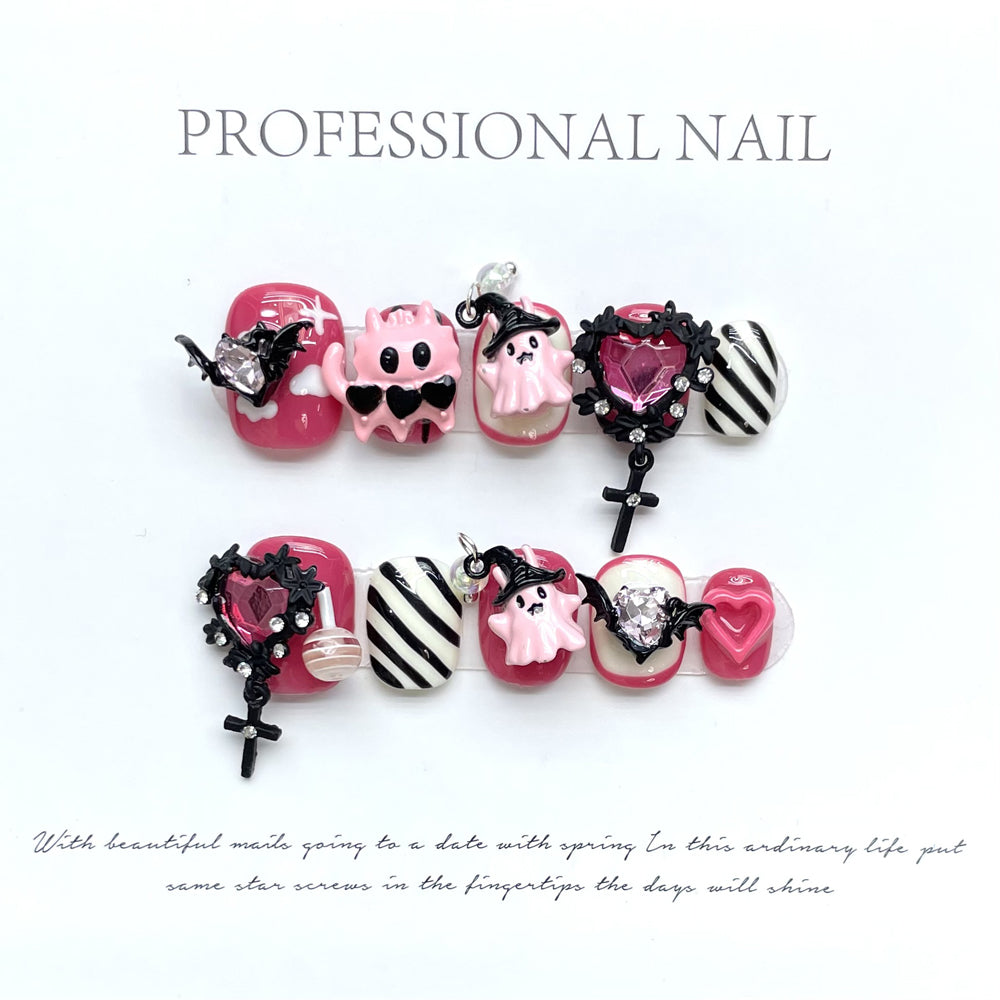 1124 Grappige stijl pers op nagels 100% handgemaakte kunstnagels roze