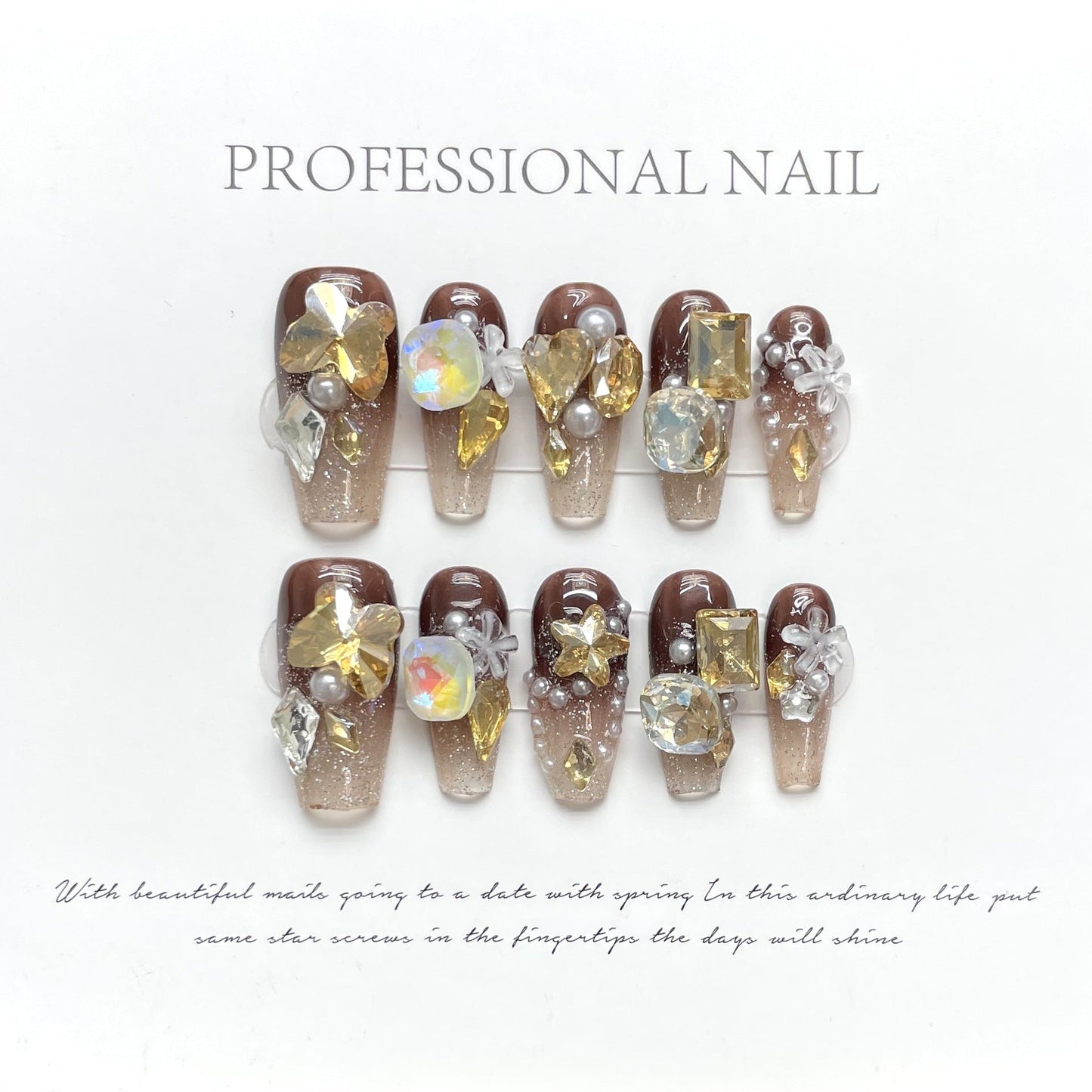 986 strass-stijl pers op nagels 100% handgemaakte kunstnagels bruin goud