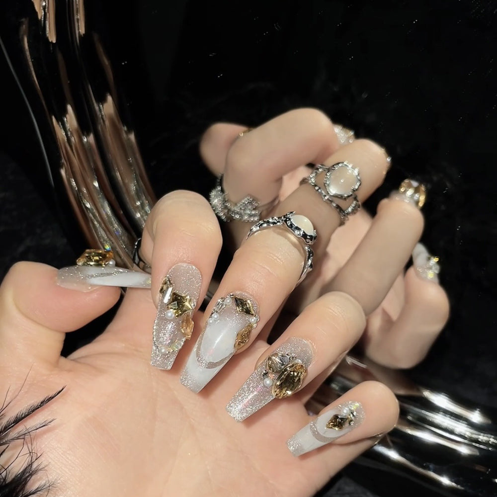 1171 Gilded Years style press on nails 100% handmade false nails sliver