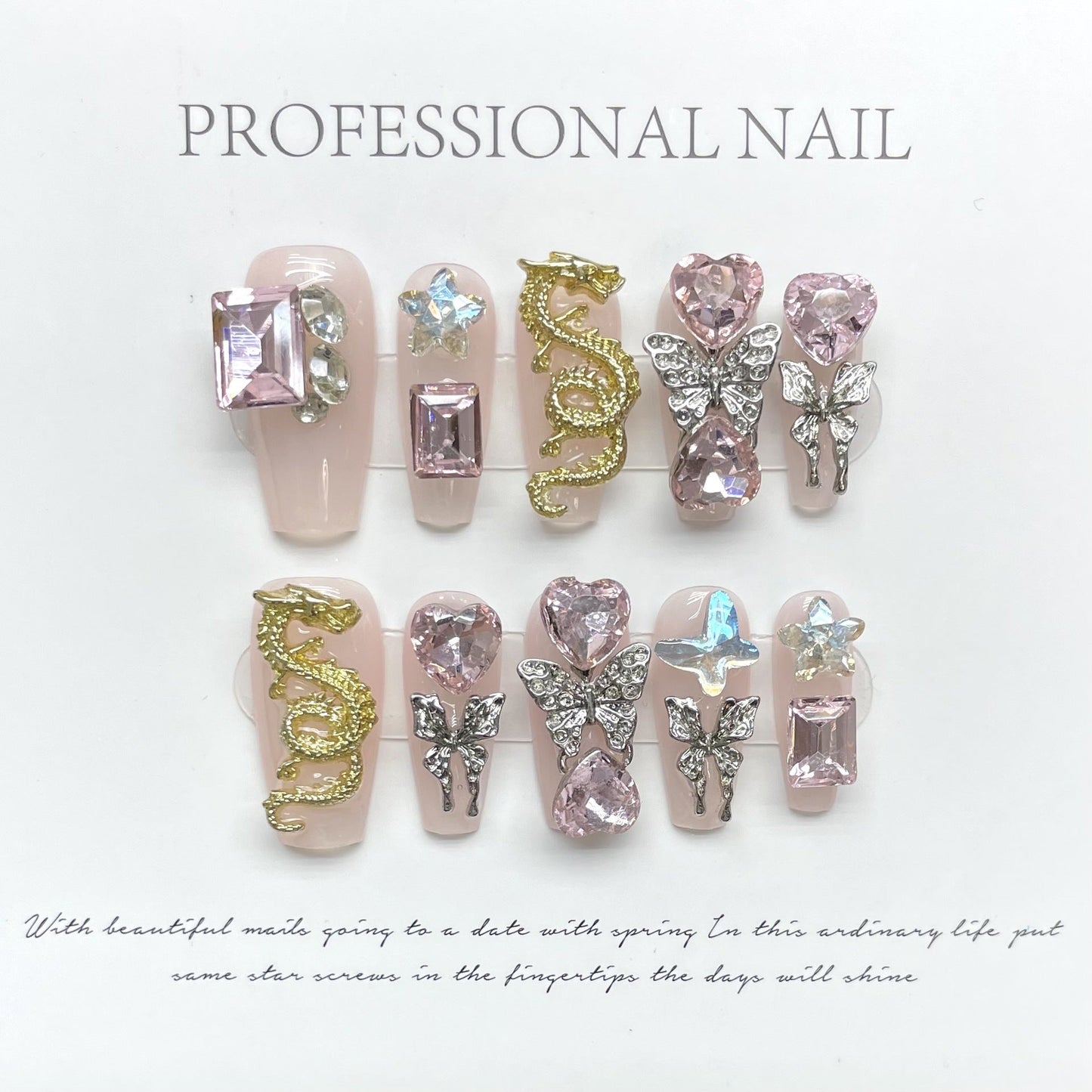 1036 Butterfly Dragon-stijl press-on-nagels 100% handgemaakte kunstnagels roze