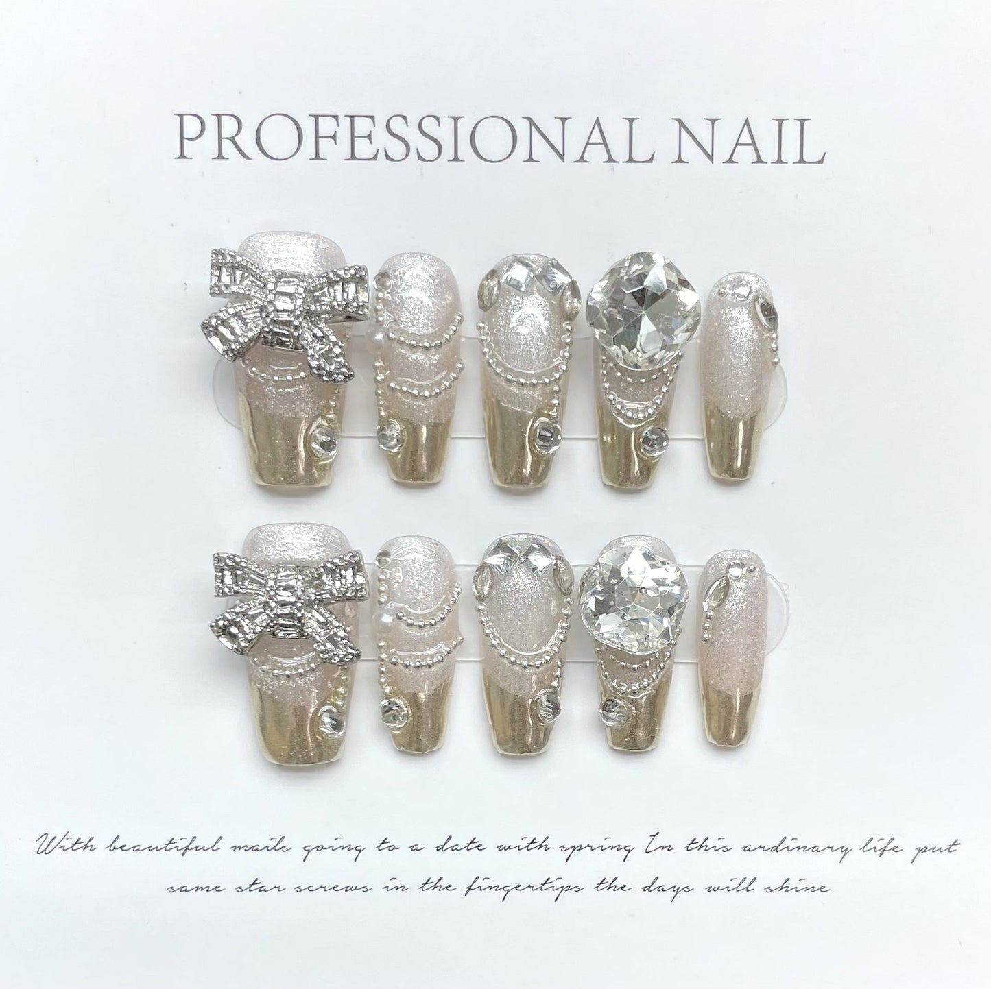 1076 Bow knot French style press on nails 100% handmade false nails sliver golden