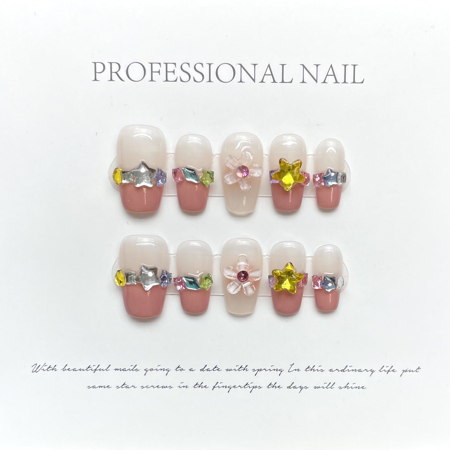 1028 Flowers style style press on nails 100% handmade false nails pink nude color