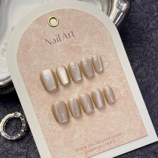 1238 Cateye Effect style press on nagels 100% handgemaakte kunstnagels nude kleur goud