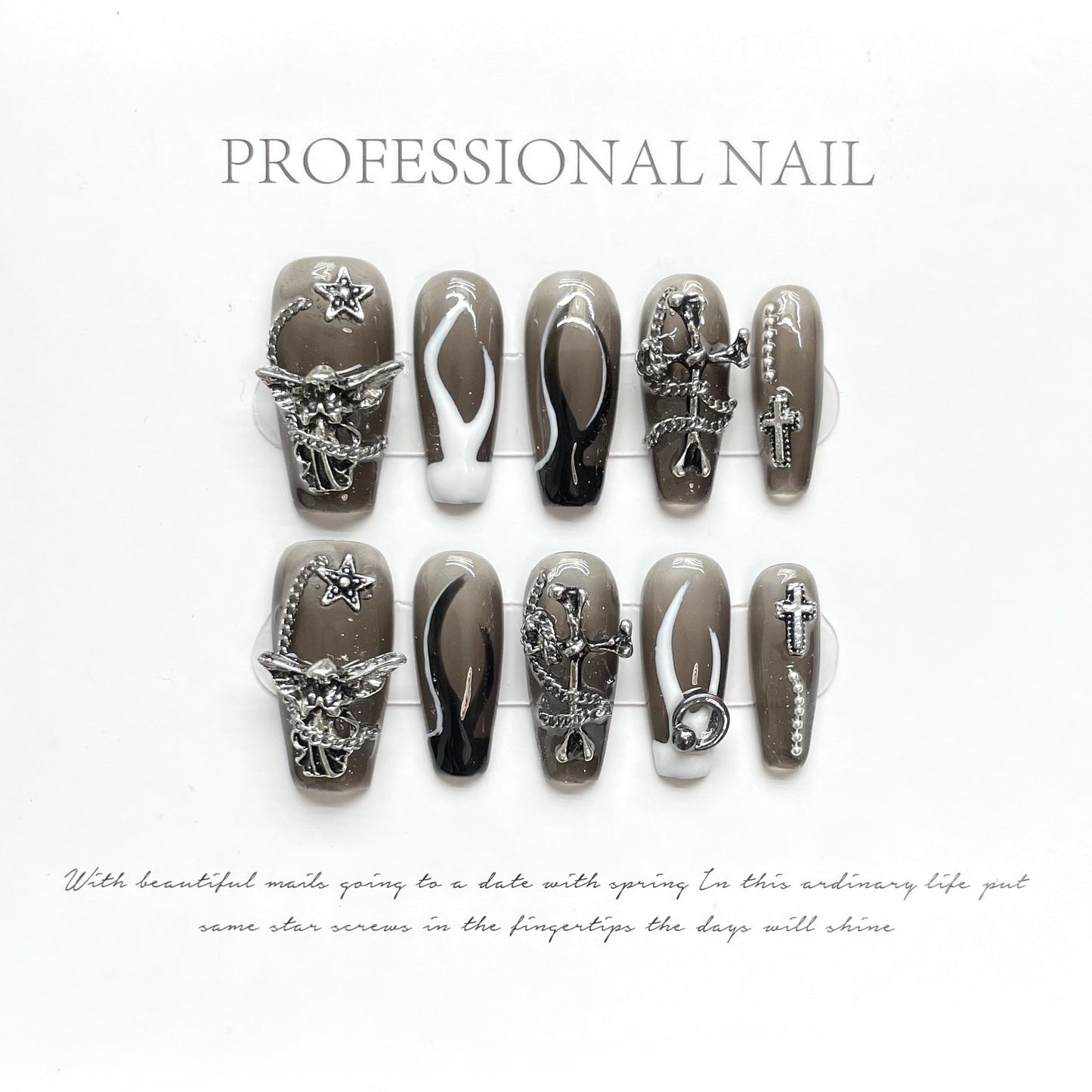 985 flame style press on nails 100% handmade false nails black sliver white gray