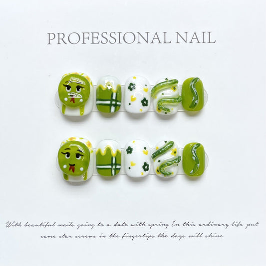 1006 Animal snake style pers op nagels 100% handgemaakte kunstnagels groen