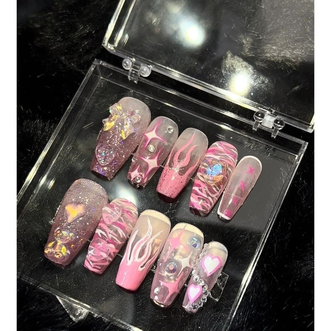 925 Spice Girls stijl press-on-nagels 100% handgemaakte kunstnagels roze