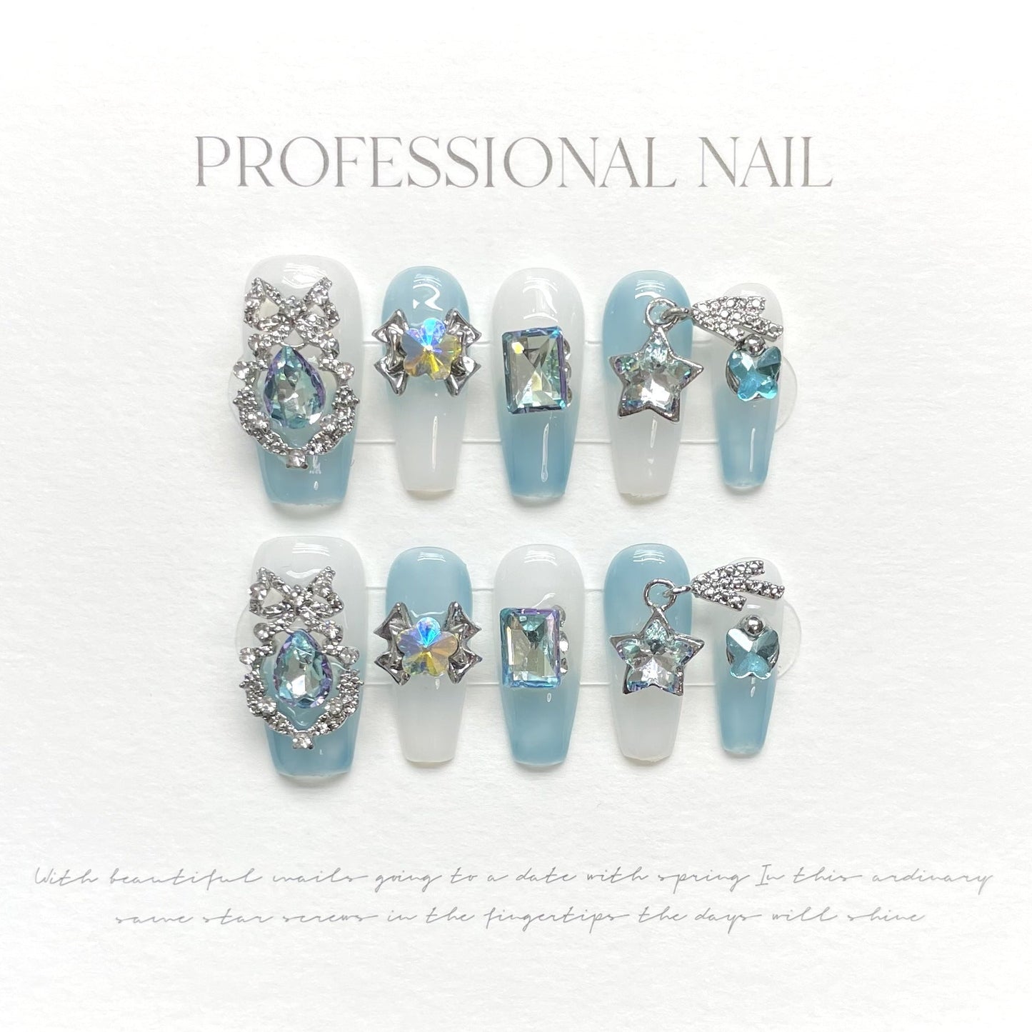 1026 style fleurs papillon presse sur les ongles 100% faux ongles faits à la main bleu