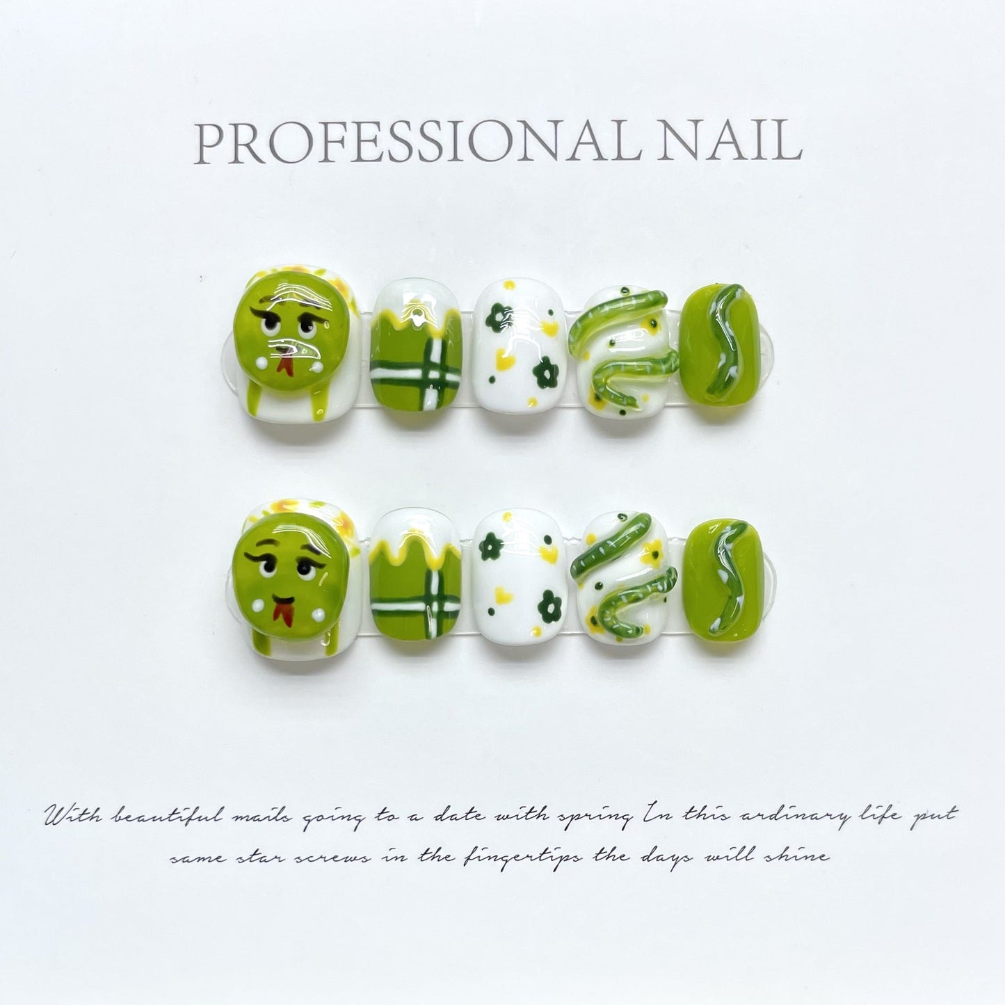1006 Animal snake style pers op nagels 100% handgemaakte kunstnagels groen
