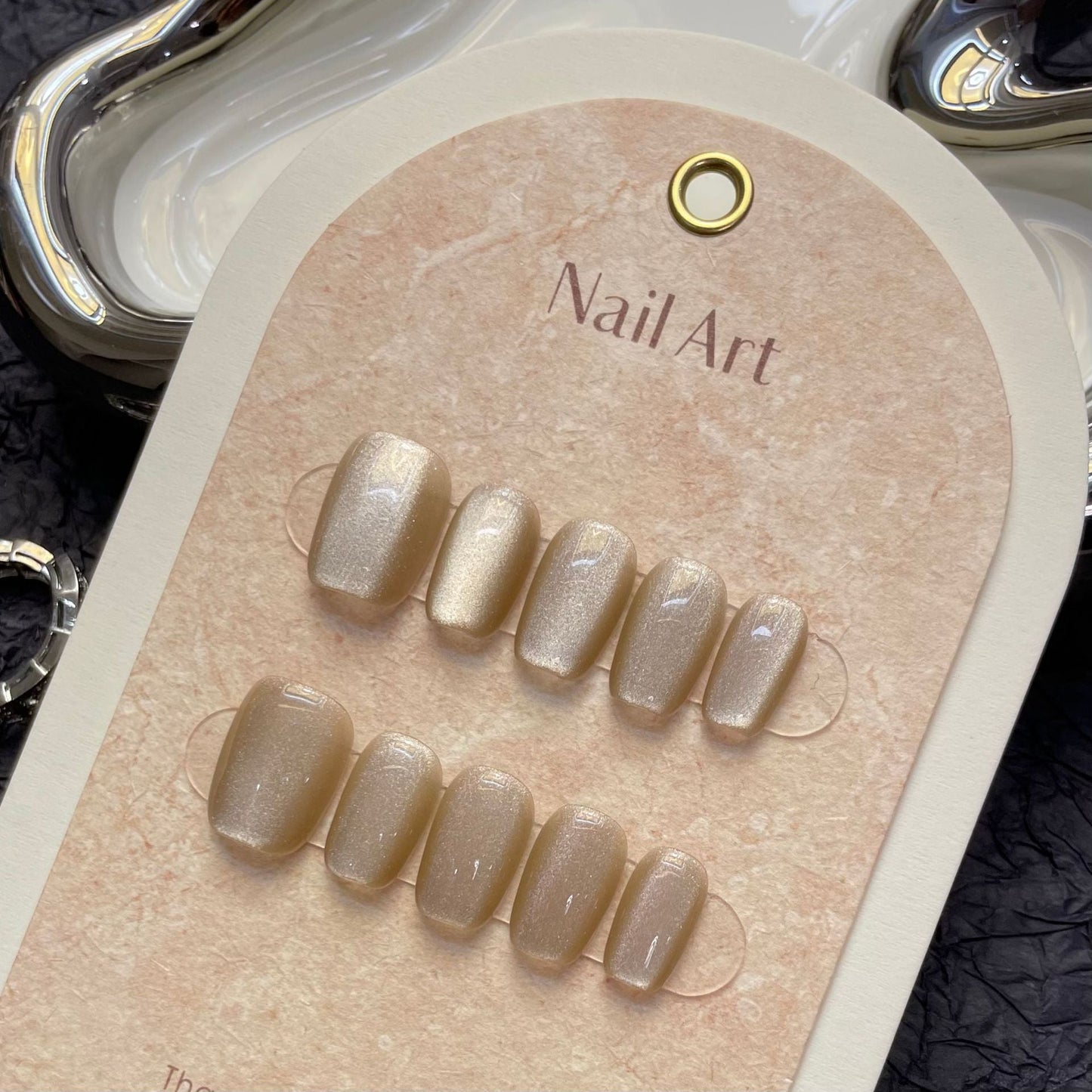 1238 Cateye Effect style press on nails 100% handmade false nails nude color golden