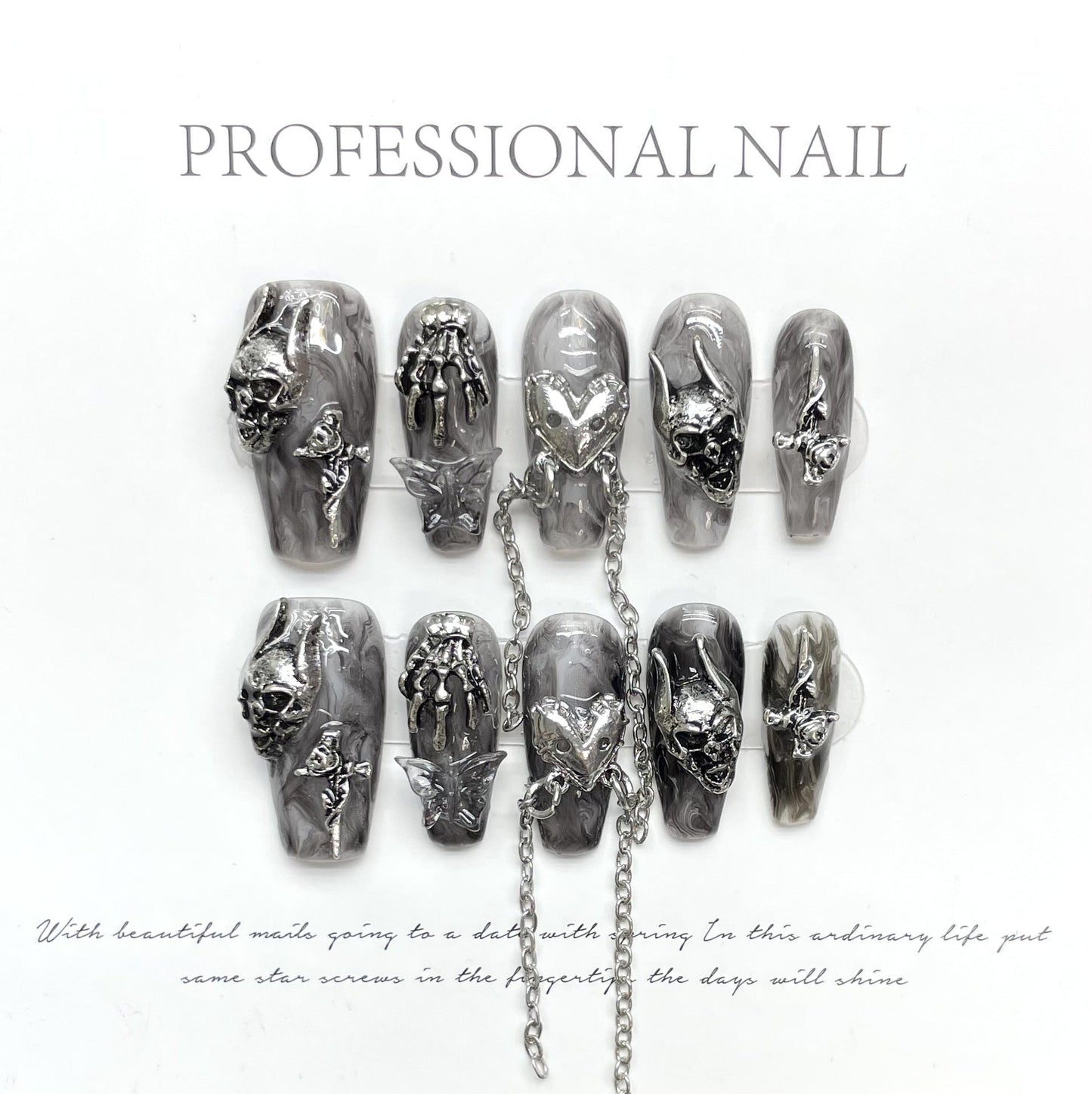 1075 Skull style press on nails 100% handmade false nails black sliver