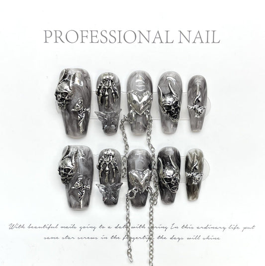 1075 Press-on-nagels in schedelstijl 100% handgemaakte kunstnagels zwart zilver