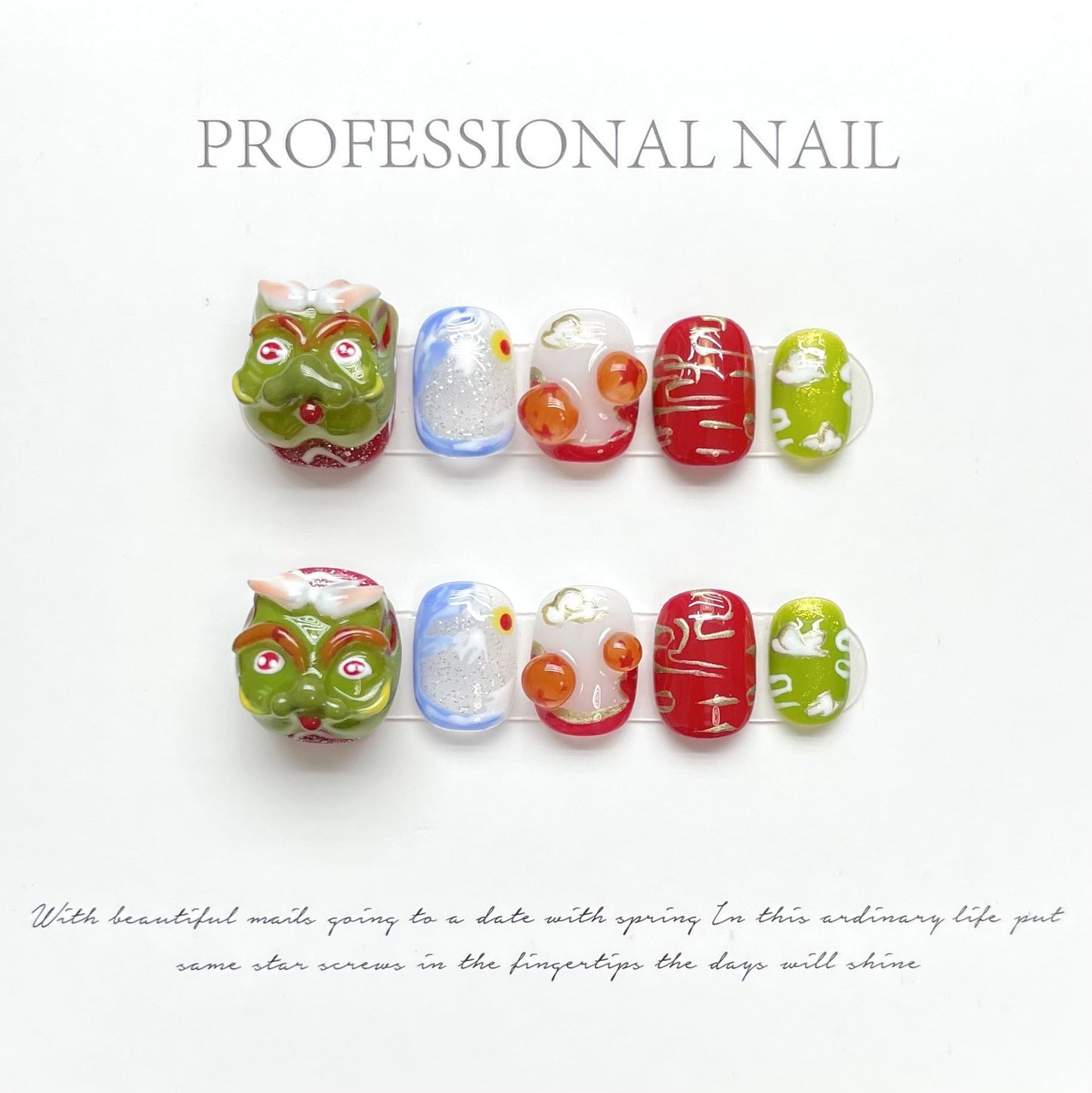 1005 Animal dragon style press on nails 100% handmade false nails red green