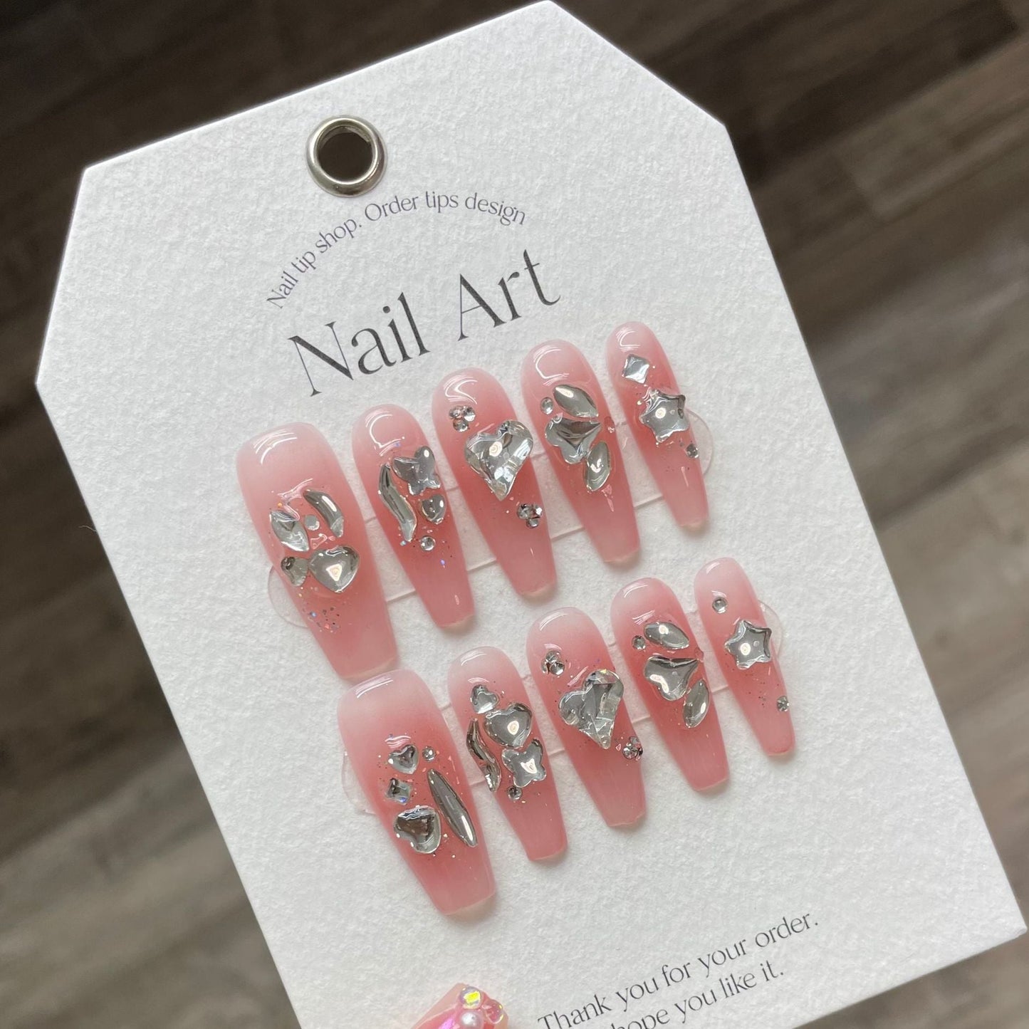 924 Rhinestone style press on nails 100% handmade false nails pink