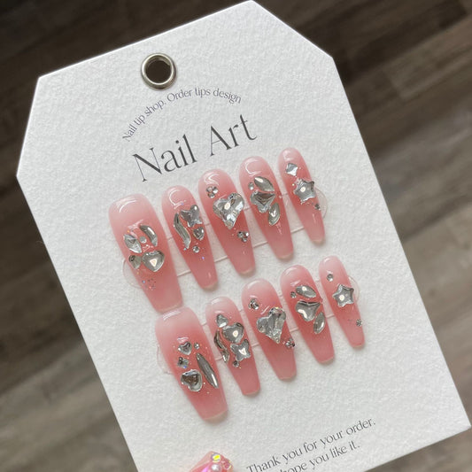 924 Strass-stijl pers op nagels 100% handgemaakte kunstnagels roze