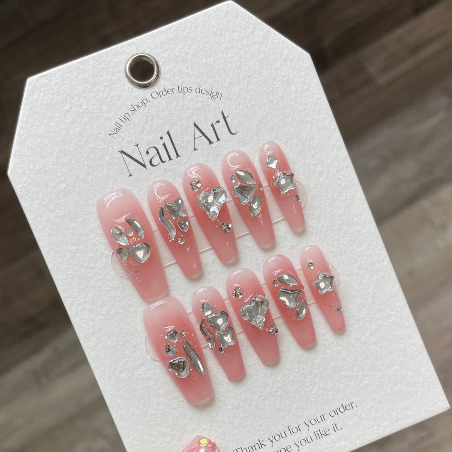 924 Presse de style strass sur les ongles 100% faux ongles faits à la main rose