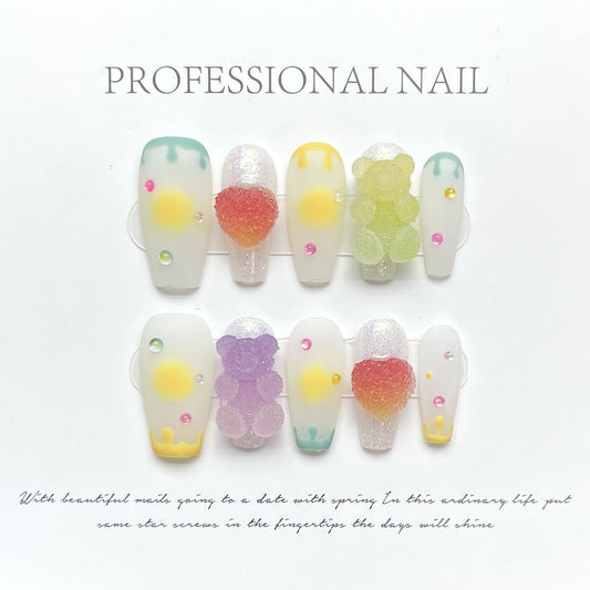 1025 Candy Bear-stijl pers op nagels 100% handgemaakte kunstnagels gemengde kleur
