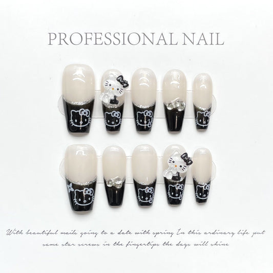 983 Cats style press on nails 100% handmade false nails black nude color