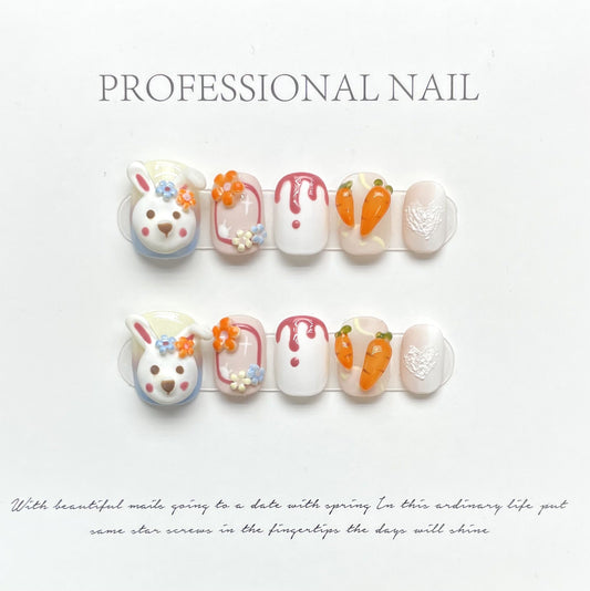 1004 Animal rabbit style press on nails 100% handmade false nails Yellow  White