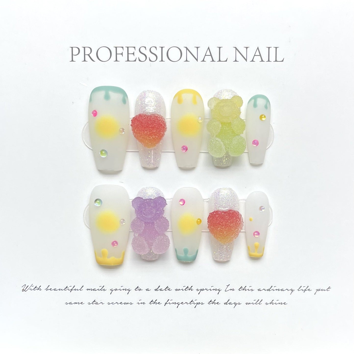 1025 Candy Bear style press on nails 100% handmade false nails mixed color