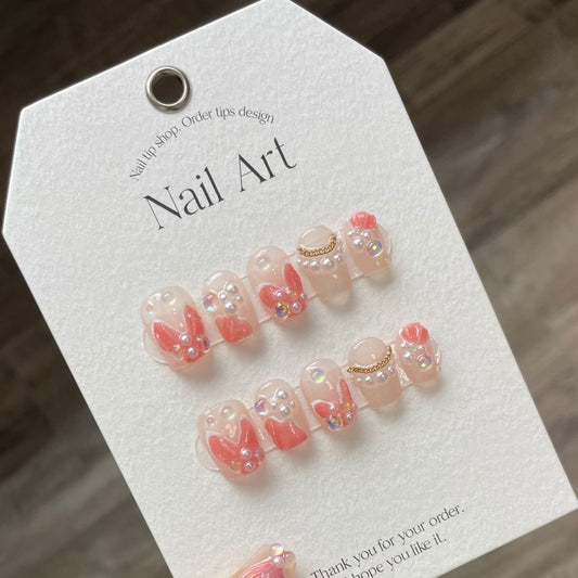 900/905 mignon perle style sirène presse sur ongles 100% faux ongles faits à la main couleur rose nude